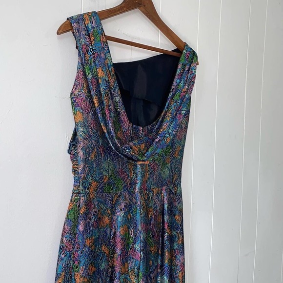 Vintage 1950s Jacquard Metallic Lamé Bombshell Evening Gown Low Back Asymmetric - Picture 1 of 10